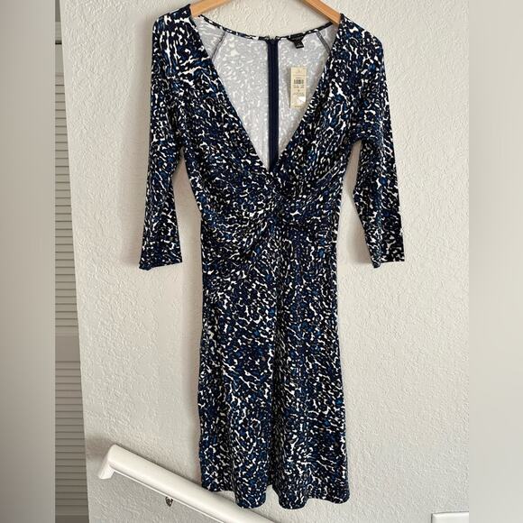 NEW Ann Taylor Faux Wrap Dress Blue Grey Watercolor V Neck Office Artsy Stretchy - Picture 1 of 5